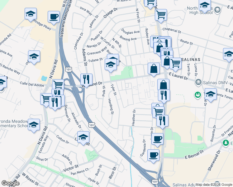 map of restaurants, bars, coffee shops, grocery stores, and more near 1170 Tyler Street in Salinas