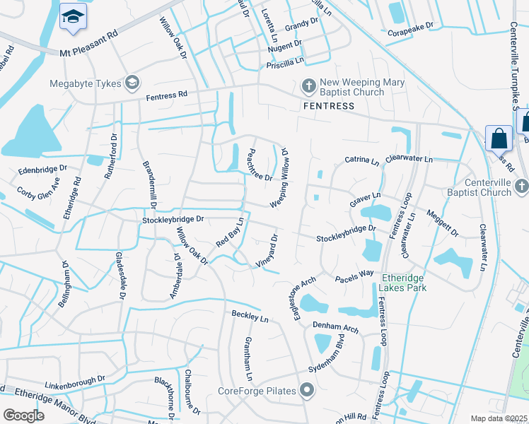 map of restaurants, bars, coffee shops, grocery stores, and more near 1012 Weeping Willow Drive in Chesapeake