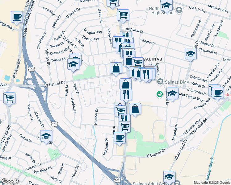 map of restaurants, bars, coffee shops, grocery stores, and more near 1117 Baldwin Street in Salinas