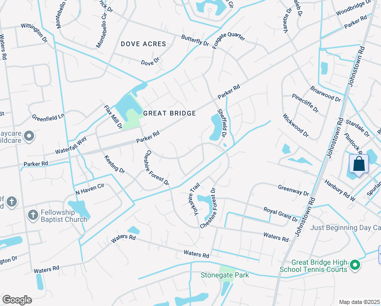 map of restaurants, bars, coffee shops, grocery stores, and more near 725 Cheshire Forest Drive in Chesapeake