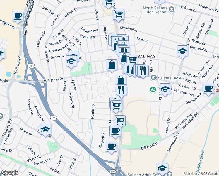 map of restaurants, bars, coffee shops, grocery stores, and more near 1117 Baldwin Street in Salinas