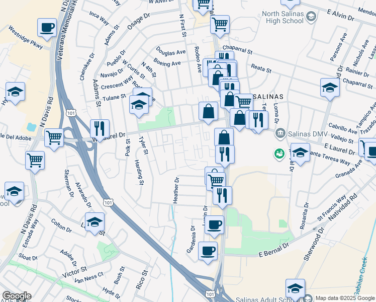 map of restaurants, bars, coffee shops, grocery stores, and more near 1135 Parkside Street in Salinas
