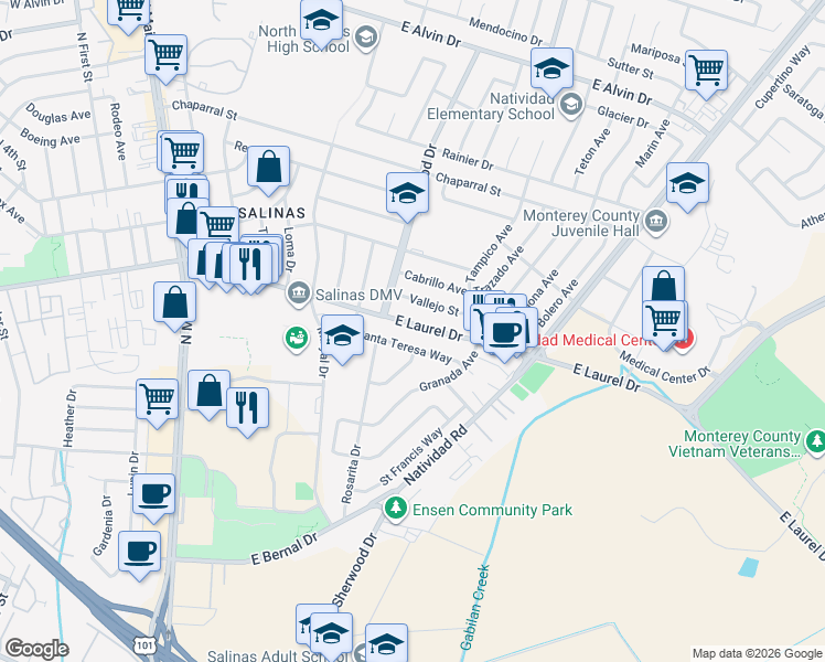 map of restaurants, bars, coffee shops, grocery stores, and more near 430 East Laurel Drive in Salinas