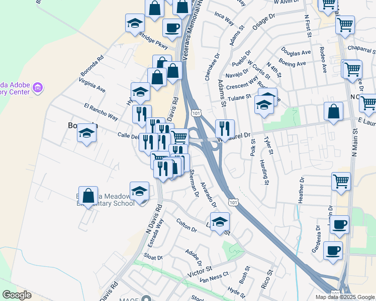 map of restaurants, bars, coffee shops, grocery stores, and more near 1139 Sherman Drive in Salinas