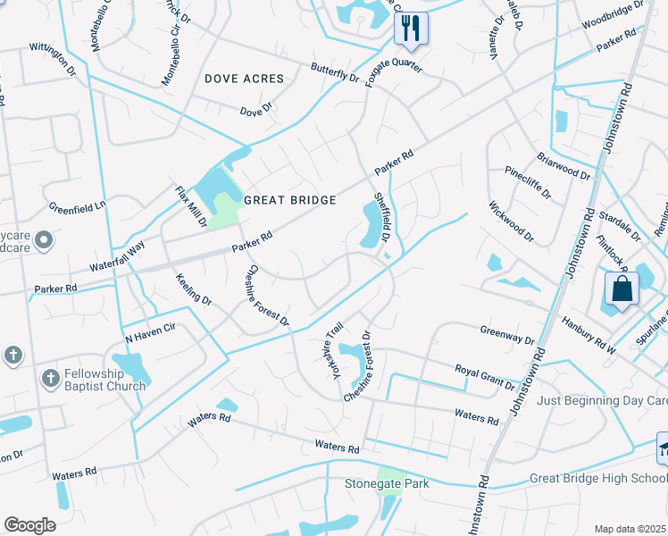 map of restaurants, bars, coffee shops, grocery stores, and more near 723 Cheshire Forest Drive in Chesapeake