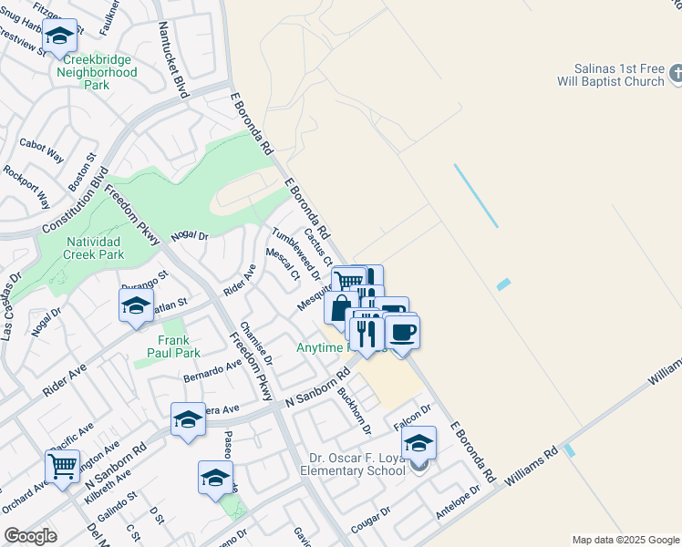 map of restaurants, bars, coffee shops, grocery stores, and more near 1589 Mesquite Drive in Salinas