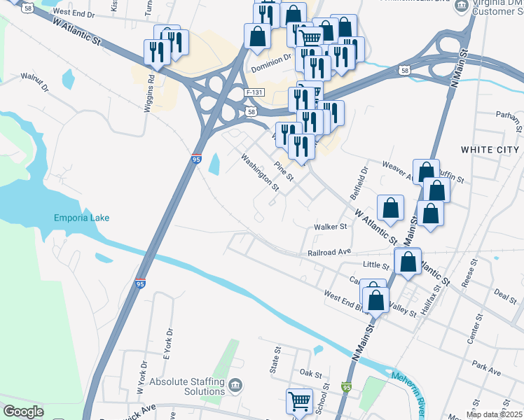 map of restaurants, bars, coffee shops, grocery stores, and more near 603 Maryland Avenue in Emporia
