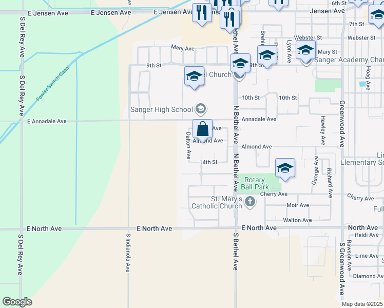 map of restaurants, bars, coffee shops, grocery stores, and more near 1390 Dalton Avenue in Sanger