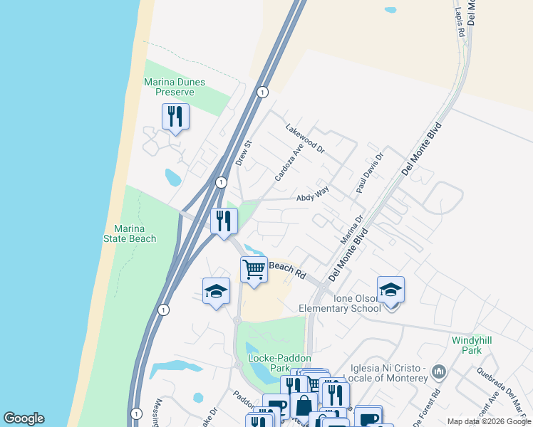 map of restaurants, bars, coffee shops, grocery stores, and more near 134 Seal Court in Marina