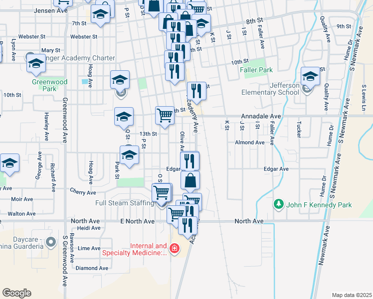 map of restaurants, bars, coffee shops, grocery stores, and more near 1305 Academy Avenue in Sanger