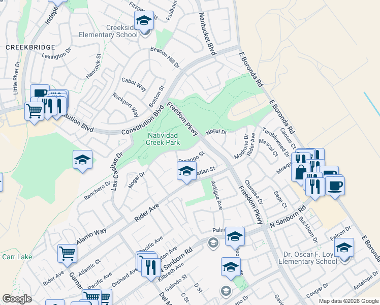 map of restaurants, bars, coffee shops, grocery stores, and more near 9 Mimbrera Circle in Salinas