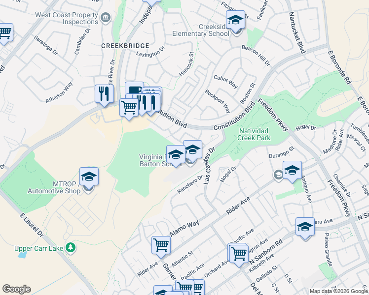 map of restaurants, bars, coffee shops, grocery stores, and more near 1123 Cobblestone Street in Salinas