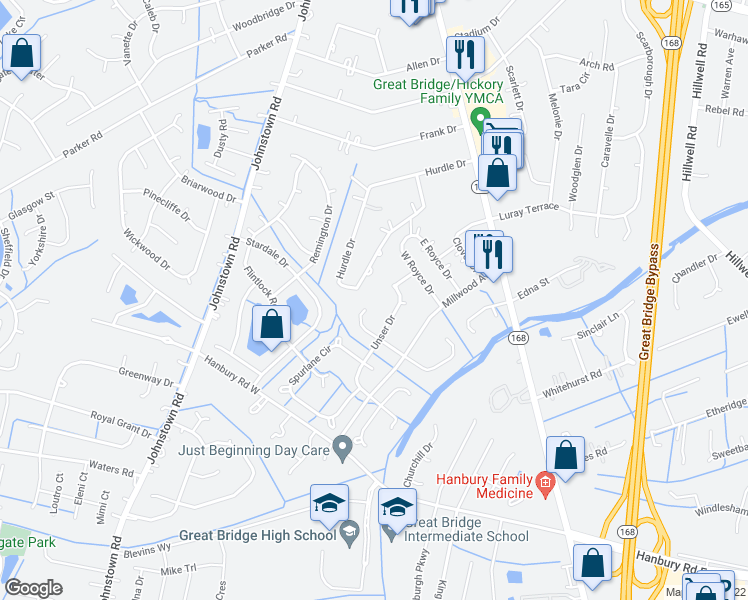 map of restaurants, bars, coffee shops, grocery stores, and more near 216 Unser Drive in Chesapeake