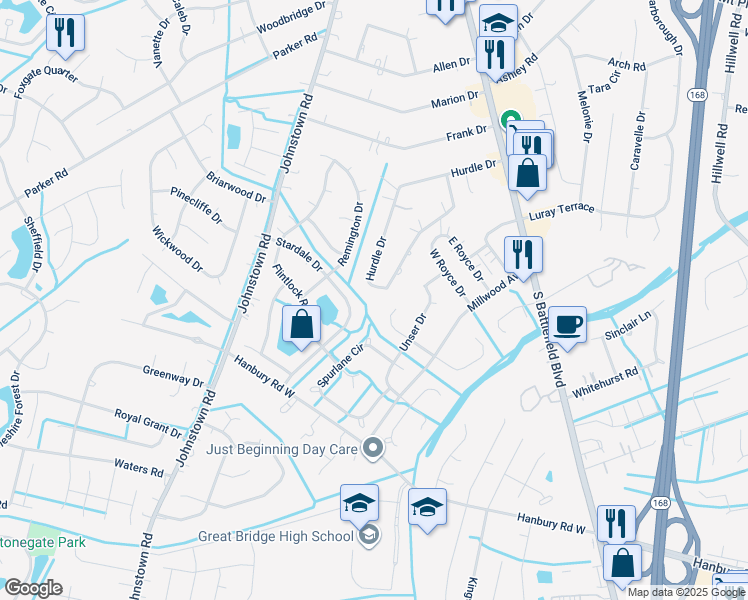 map of restaurants, bars, coffee shops, grocery stores, and more near 252 Hurdle Drive in Chesapeake