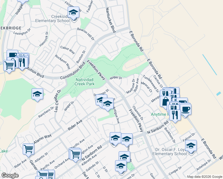 map of restaurants, bars, coffee shops, grocery stores, and more near 723 Acapulco Way in Salinas