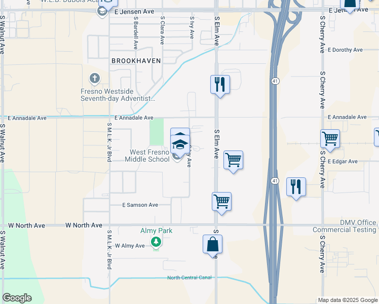 map of restaurants, bars, coffee shops, grocery stores, and more near 2888 South Ivy Avenue in Fresno