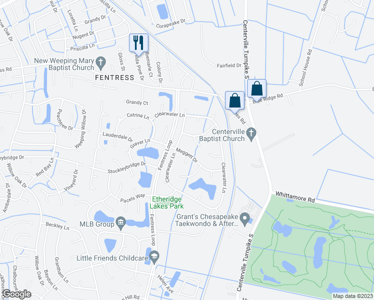 map of restaurants, bars, coffee shops, grocery stores, and more near 1312 Meggett Drive in Chesapeake