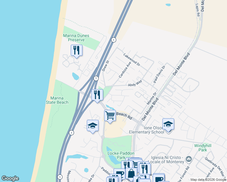map of restaurants, bars, coffee shops, grocery stores, and more near 134 Seal Court in Marina
