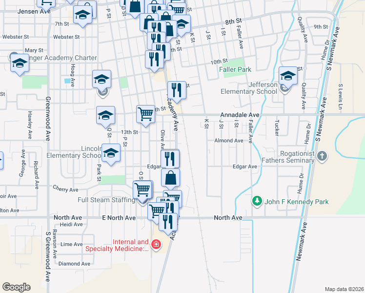 map of restaurants, bars, coffee shops, grocery stores, and more near 1121 Annadale Avenue in Sanger