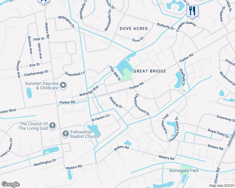 map of restaurants, bars, coffee shops, grocery stores, and more near 800 Hedgerow Court in Chesapeake