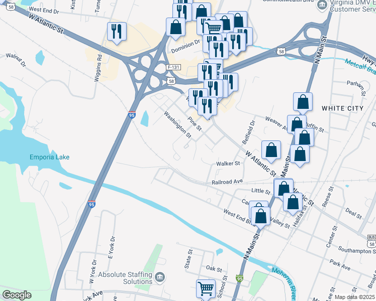 map of restaurants, bars, coffee shops, grocery stores, and more near 503 Washington Street in Emporia