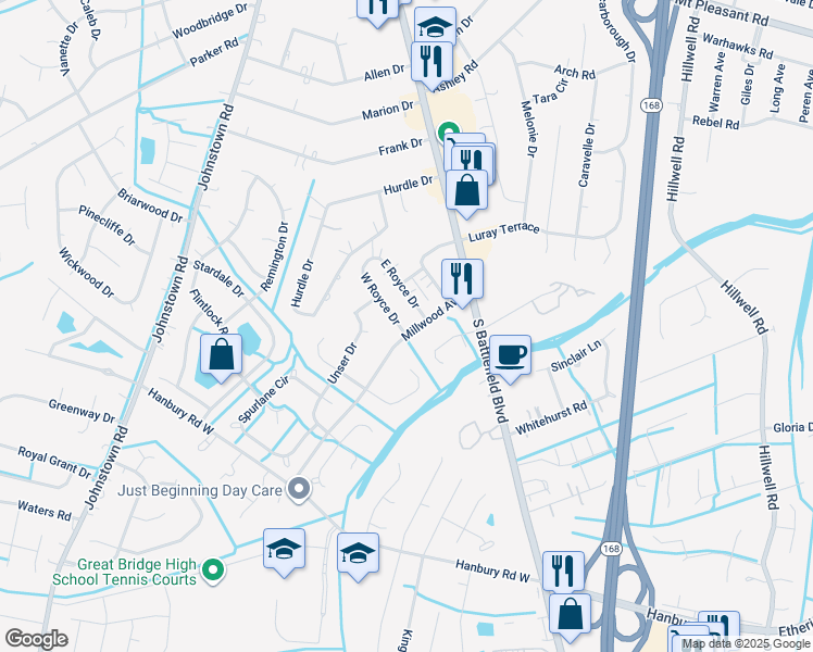 map of restaurants, bars, coffee shops, grocery stores, and more near 126 Millwood Avenue in Chesapeake