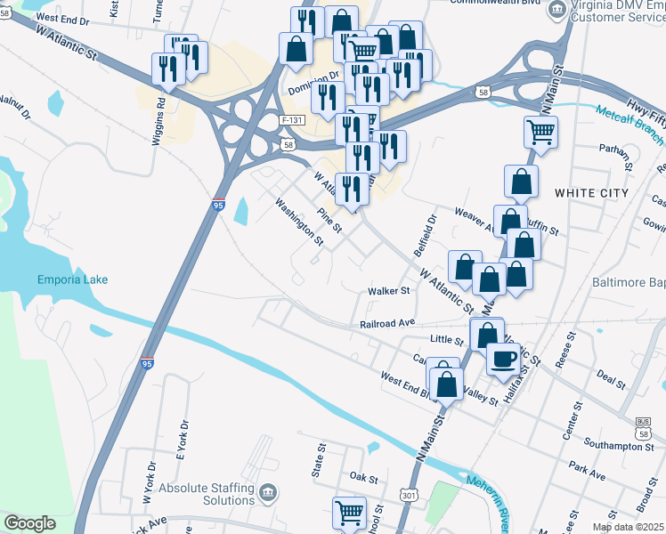 map of restaurants, bars, coffee shops, grocery stores, and more near 425 Washington Street in Emporia