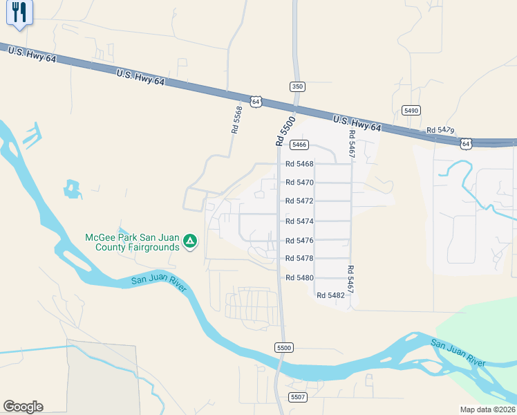 map of restaurants, bars, coffee shops, grocery stores, and more near 36 Road 5474 in Farmington
