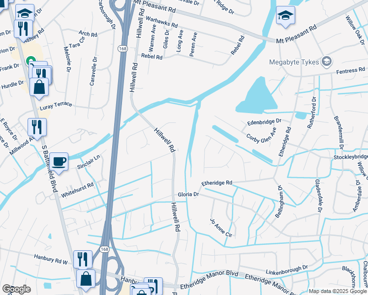 map of restaurants, bars, coffee shops, grocery stores, and more near 777 Hillwell Road in Chesapeake