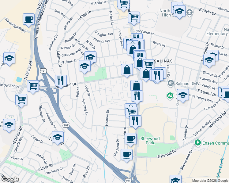 map of restaurants, bars, coffee shops, grocery stores, and more near 1142 Parkside Street in Salinas