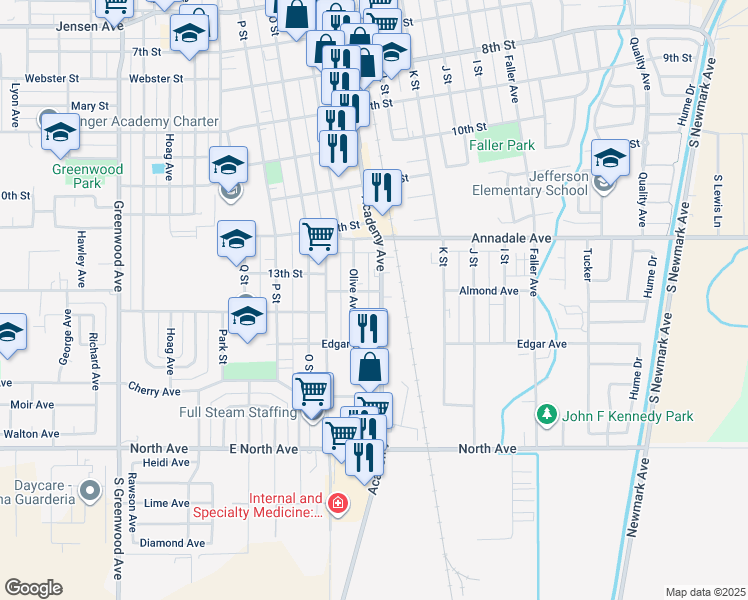 map of restaurants, bars, coffee shops, grocery stores, and more near 1305 Academy Avenue in Sanger
