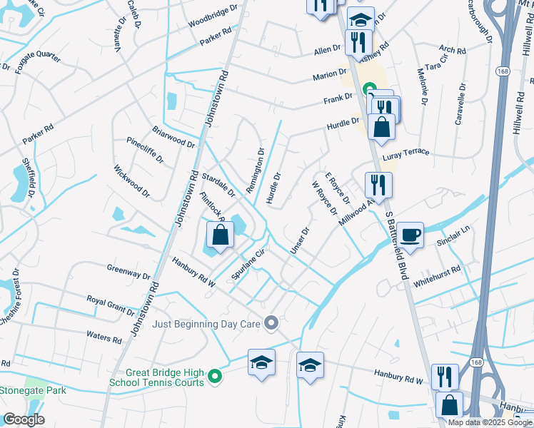 map of restaurants, bars, coffee shops, grocery stores, and more near 252 Hurdle Drive in Chesapeake