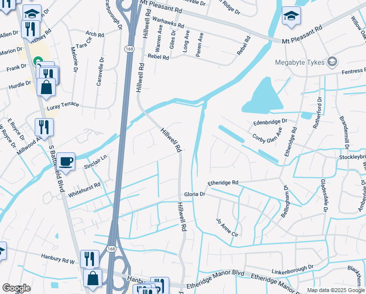 map of restaurants, bars, coffee shops, grocery stores, and more near 777 Hillwell Road in Chesapeake