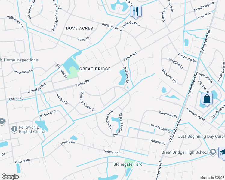 map of restaurants, bars, coffee shops, grocery stores, and more near 500 Ashforth Way in Chesapeake