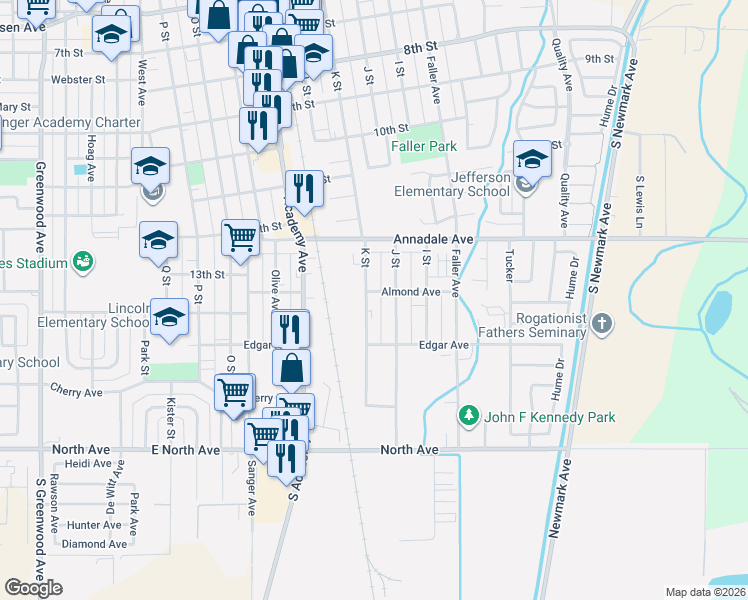 map of restaurants, bars, coffee shops, grocery stores, and more near 1305 K Street in Sanger