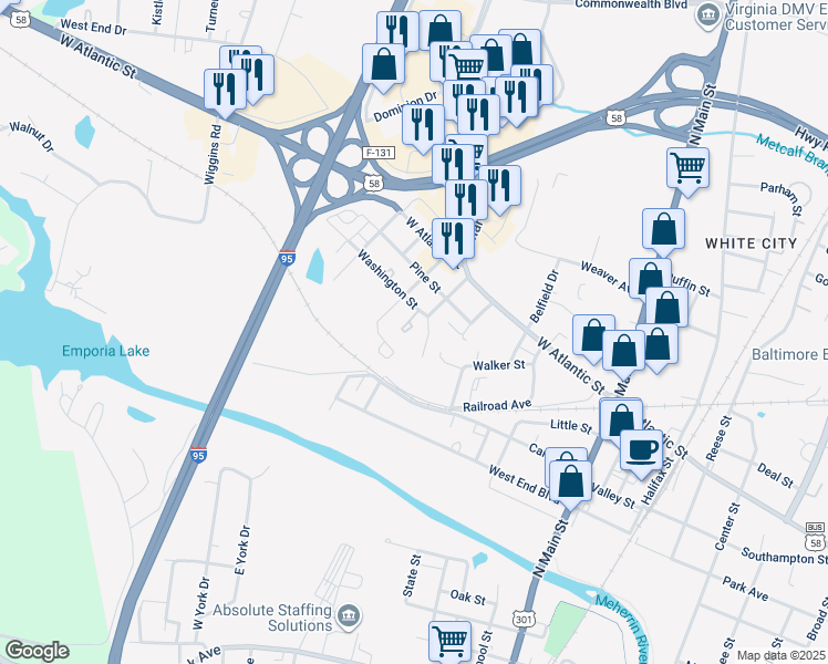 map of restaurants, bars, coffee shops, grocery stores, and more near 425 Washington Street in Emporia