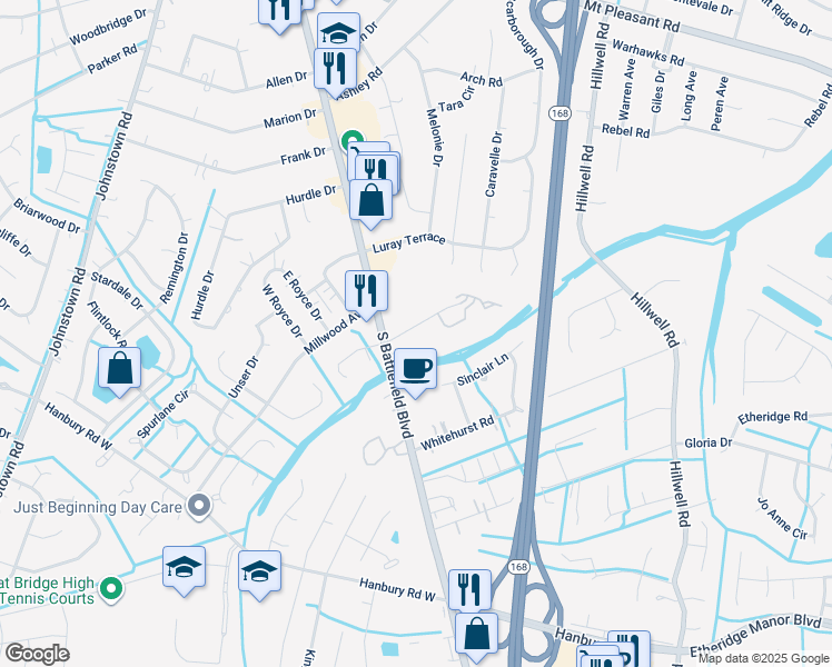 map of restaurants, bars, coffee shops, grocery stores, and more near 129 Edna Street in Chesapeake