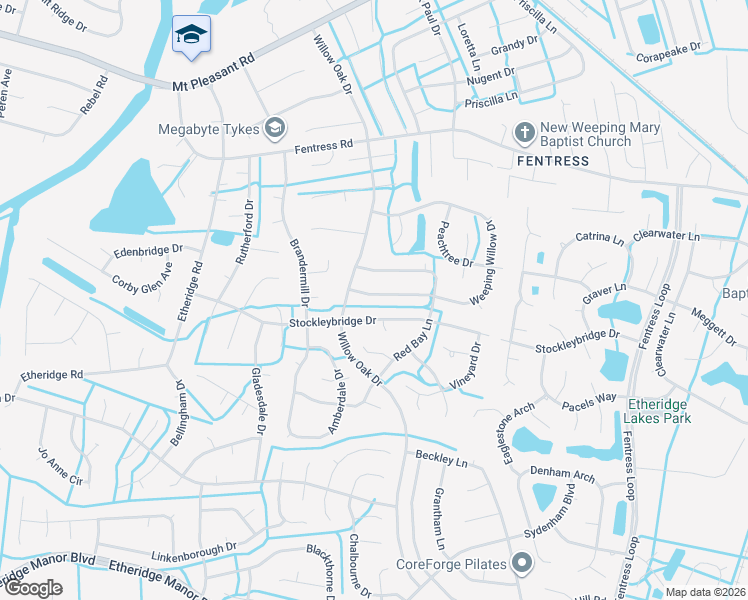 map of restaurants, bars, coffee shops, grocery stores, and more near 1036 Weeping Willow Drive in Chesapeake