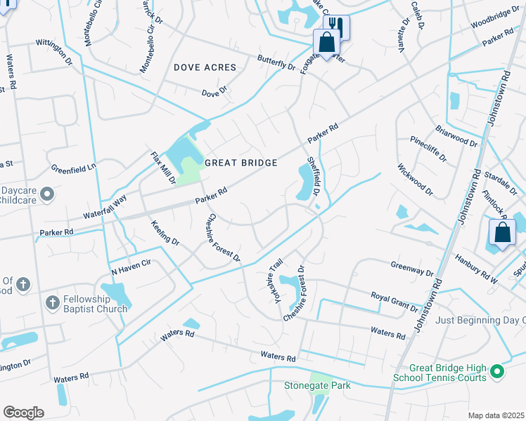 map of restaurants, bars, coffee shops, grocery stores, and more near 802 Dunwood Court in Chesapeake