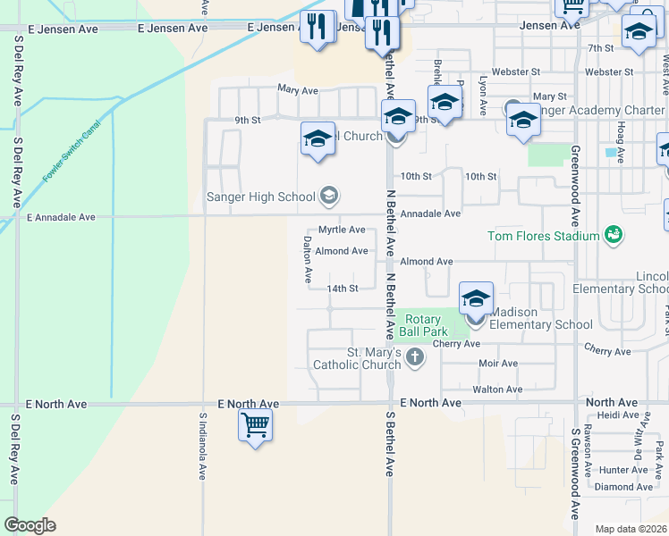 map of restaurants, bars, coffee shops, grocery stores, and more near 1378 Fenmore Avenue in Sanger