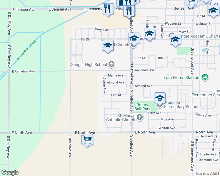 map of restaurants, bars, coffee shops, grocery stores, and more near 1378 Fenmore Avenue in Sanger