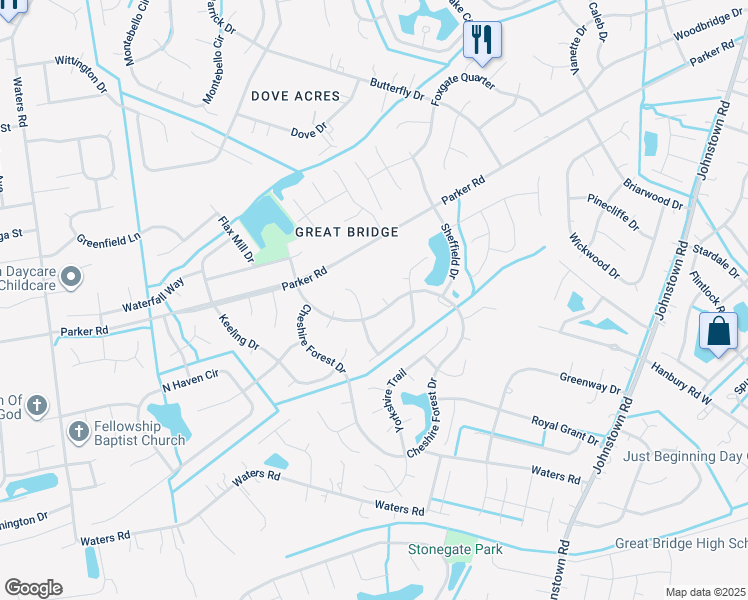 map of restaurants, bars, coffee shops, grocery stores, and more near 802 Dunwood Court in Chesapeake