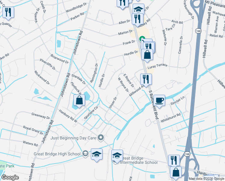 map of restaurants, bars, coffee shops, grocery stores, and more near 216 Unser Drive in Chesapeake