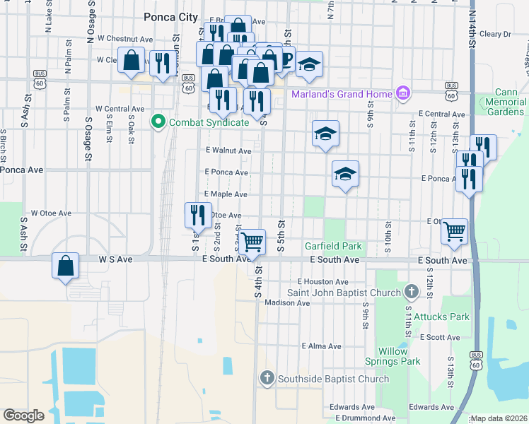 map of restaurants, bars, coffee shops, grocery stores, and more near 619 South 4th Street in Ponca City
