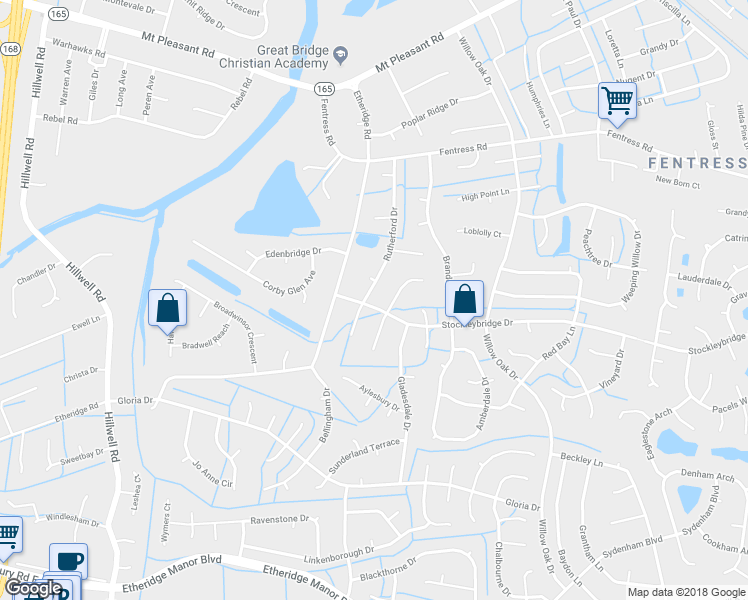 map of restaurants, bars, coffee shops, grocery stores, and more near 708 Stockleybridge Drive in Chesapeake