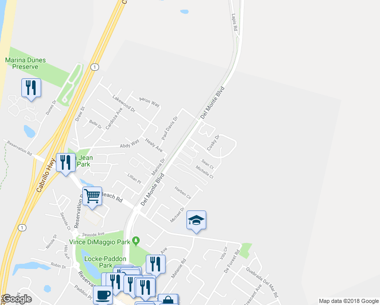 map of restaurants, bars, coffee shops, grocery stores, and more near 204 Cosky Drive in Marina