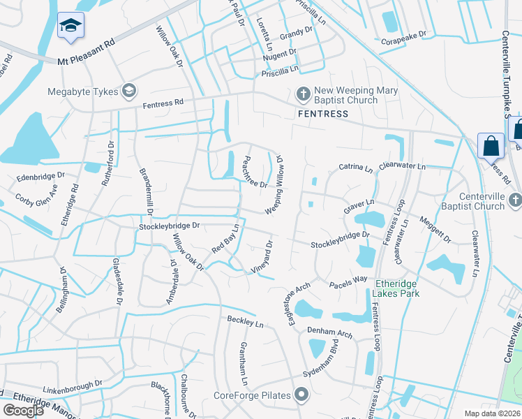 map of restaurants, bars, coffee shops, grocery stores, and more near 1007 Weeping Willow Drive in Chesapeake