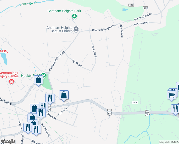 map of restaurants, bars, coffee shops, grocery stores, and more near Banks Road in Martinsville