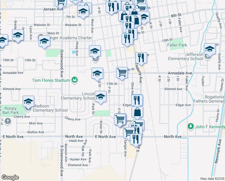 map of restaurants, bars, coffee shops, grocery stores, and more near 1319 O Street in Sanger