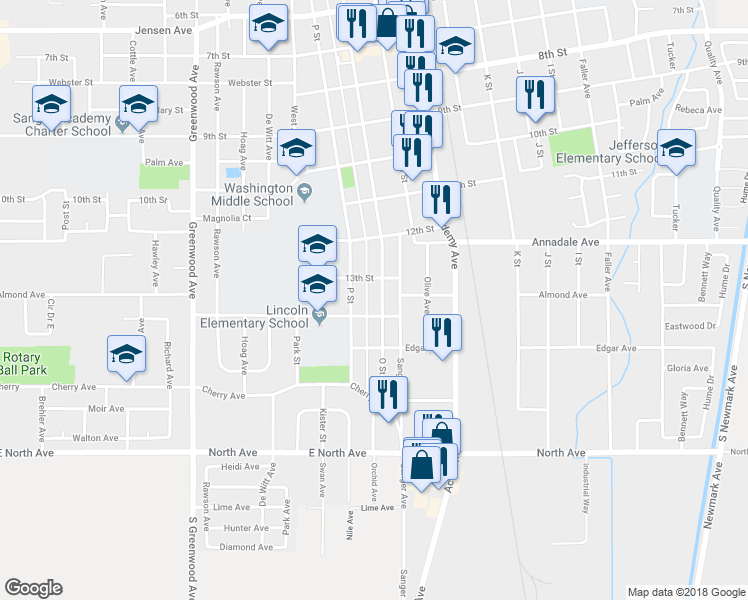 map of restaurants, bars, coffee shops, grocery stores, and more near 1319 O St in Sanger